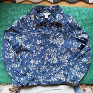 Vintage Coldwater Creek Linen Rayon Button Front Jacket 1X 1XL Blue Floral EUC